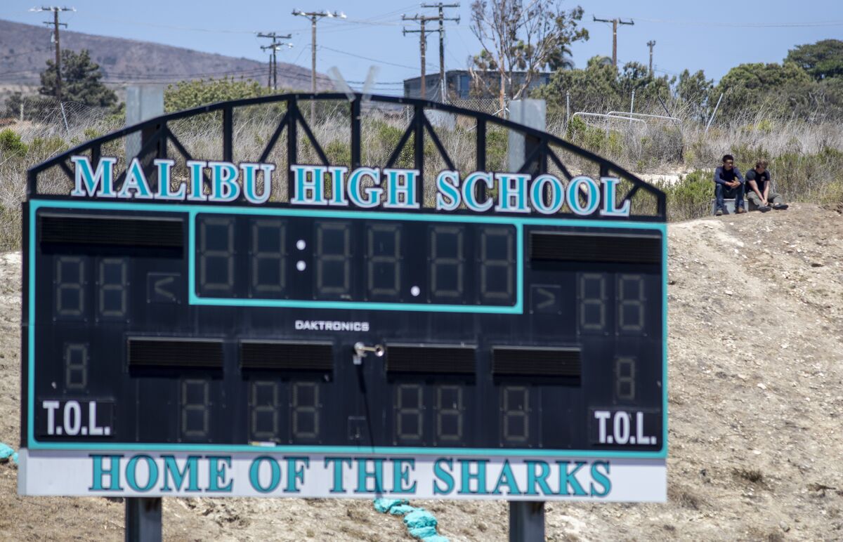 The Malibu High School football field scoreboard
