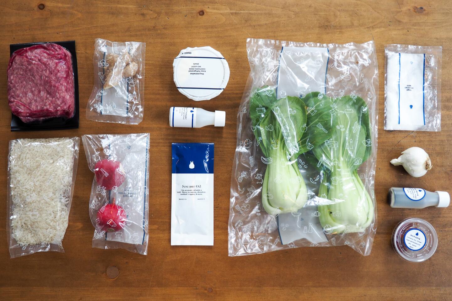 Ingredients for the Blue Apron savory beef and rice bowl with bok choy and spicy mayo.