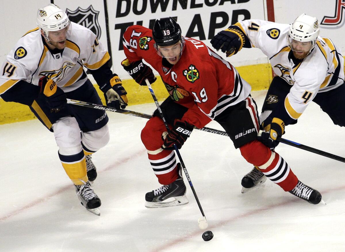 Blackhawks center Jonathan Toews had a goal and an assist in the 4-2 win over the Predators.