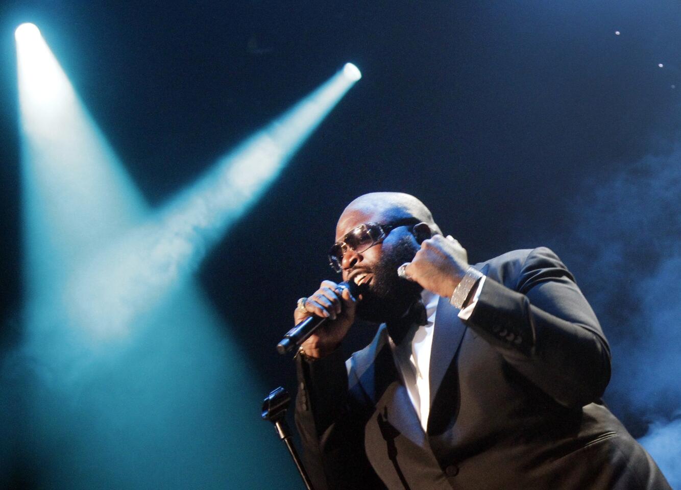 Rick Ross dons a tuxedo for his performance at Club Nokia in Los Angeles on Aug. 14, 2013.