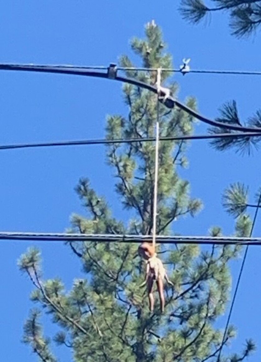 A disfigured Black doll hangs on a noose suspended from a South Lake Tahoe power line on Tuesday.