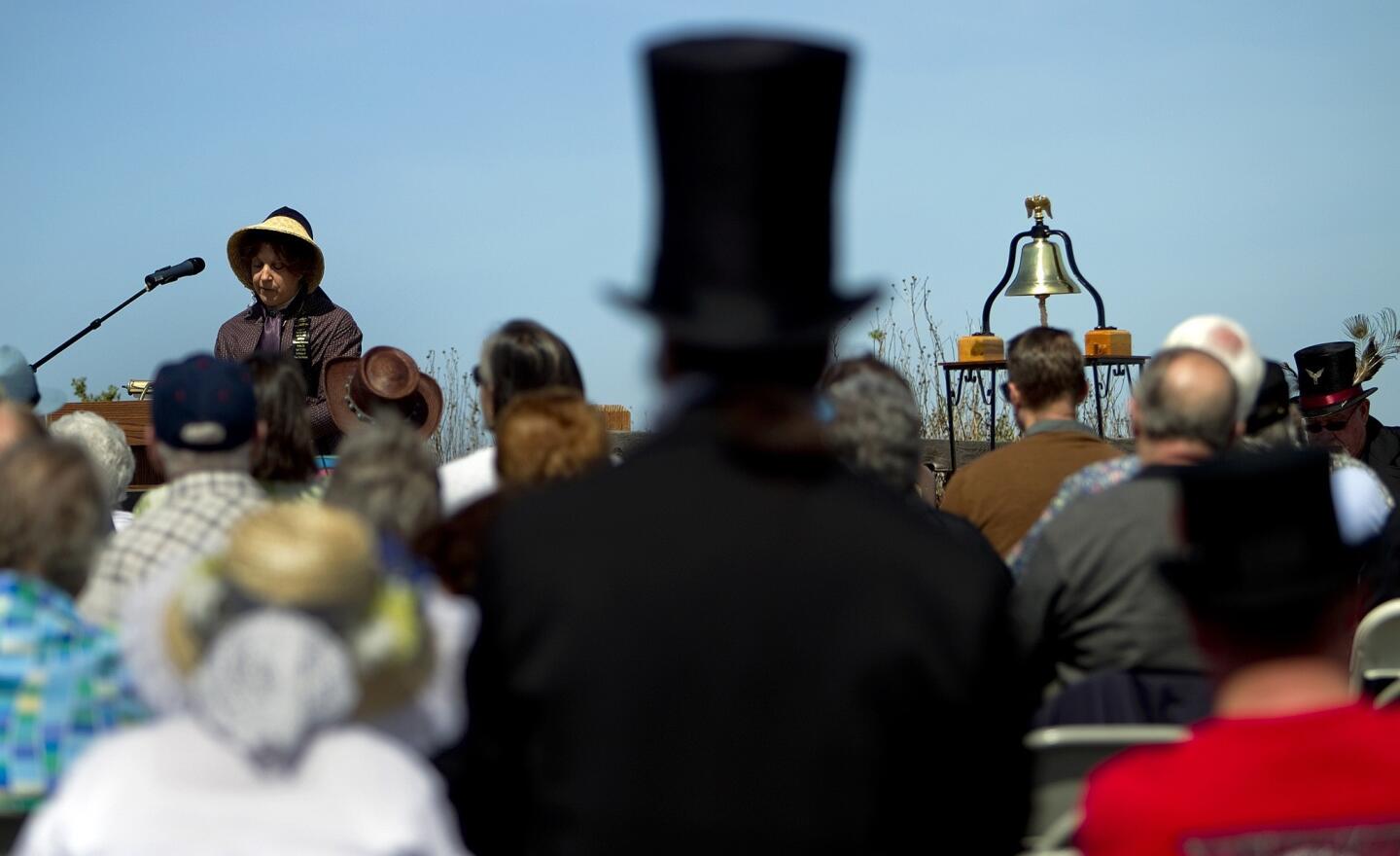 Claire Britton-Warren, among those dressed in mid-19th-century garb, speaks during the Steamboat Jenny Lind Disaster Monument ceremony at Alviso Marina County Park. Her great-great-great-grandfather died in the 1853 accident.