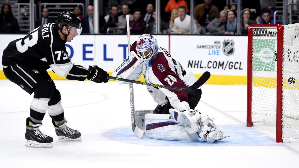 Kings center Tyler Toffoli scores against Avalanche goalie Reto Berra during a game Oct. 18.