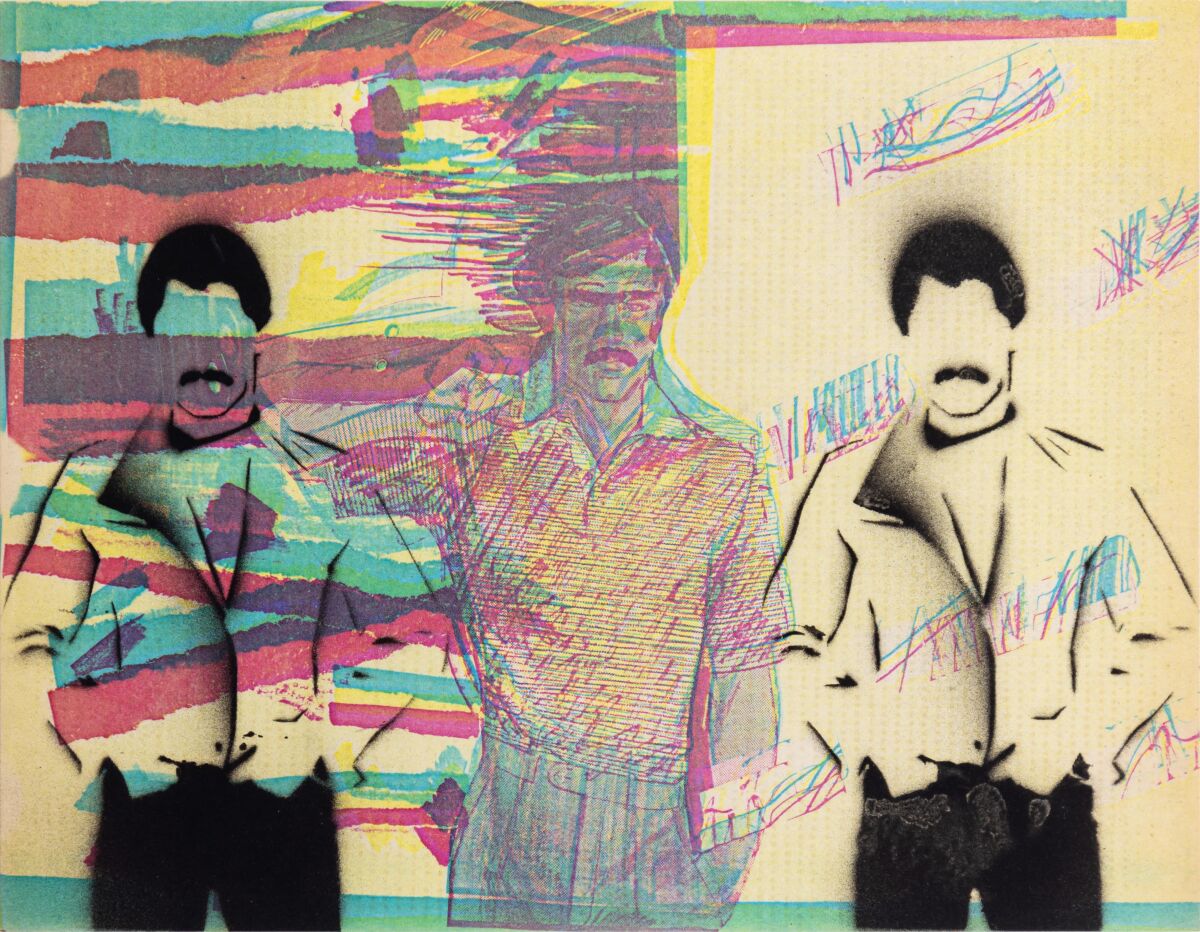 An airbrushed image shows the figures of three men with mustaches on paper that bears swathes of color.