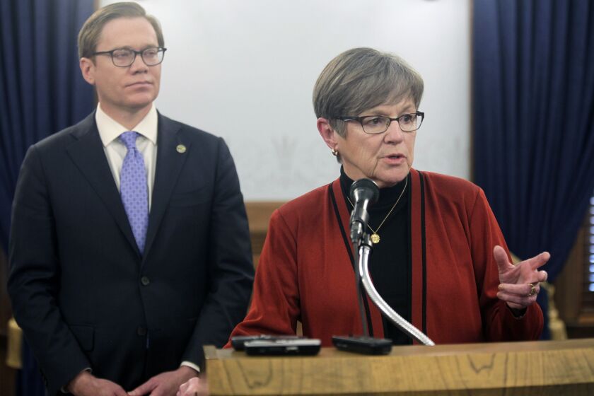 Kansas Gov. Laura Kelly discusses plans by Integra Technologies, of Wichita, Kansas, to build a new, $1.8 billion semiconductor factory, during a news conference, Thursday, Feb. 2, 2023, at the Statehouse in Topeka, Kan. The state has pledged $304 million in taxpayer-funded incentives over 10 years, but the project also needs federal funding. (AP Photo/John Hanna)