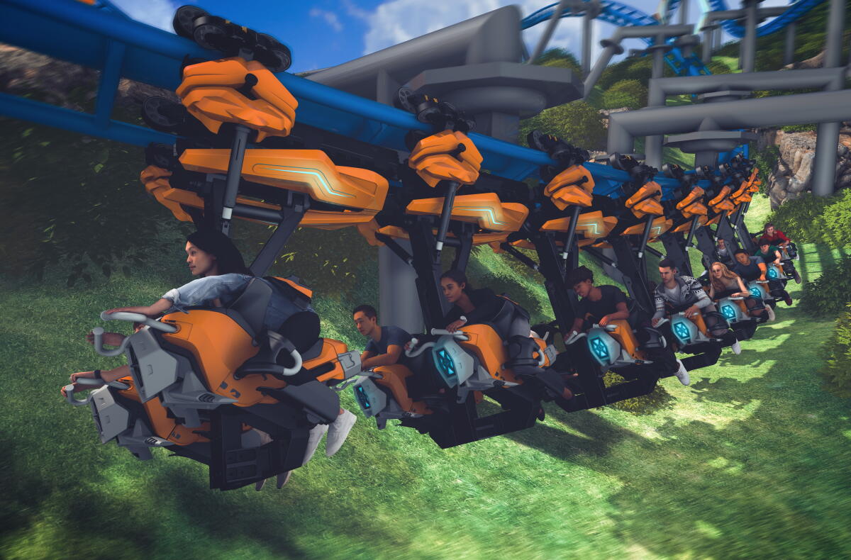 Concept art that shows riders on a suspended bike-like vehicle. 