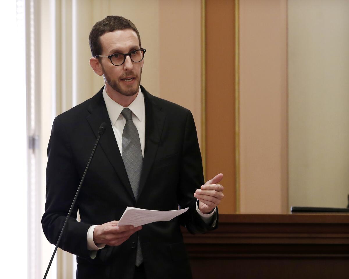 Democratic state Sen. Scott Wiener addresses the state Senate