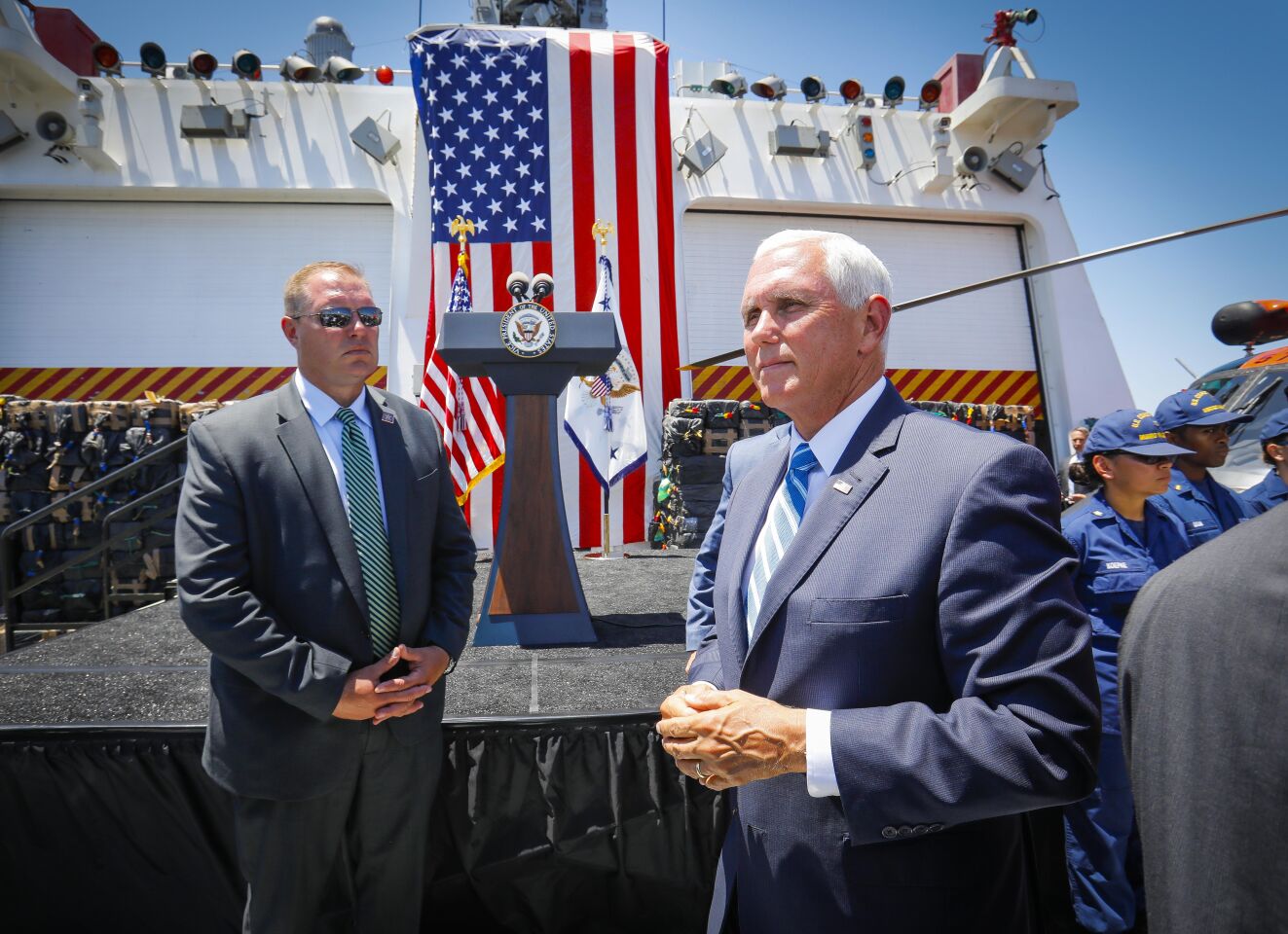 Vice President Mike Pence prepares to leave, after delivering his remarks on the U.S. Coast Guard cutter Munro, July 11, 2019, at Naval Air Station North Island in Coronado, California. The Munro, homeported in Alameda, in Northern California, is tasked with seizing drugs in international waters. About 39,000 pounds of cocaine, and 1,000 pounds of marijuana seized in the Eastern Pacific Ocean in the last few months by the Coast Guard was on display during the visit.