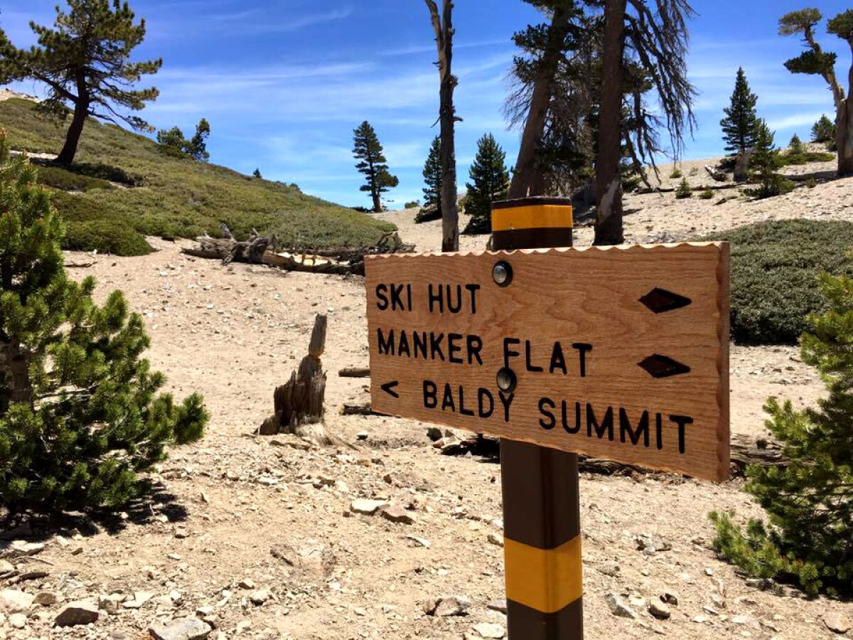 A sign on a trail in a mountain area points to Ski Hut, Manker Flat and Baldy Summit