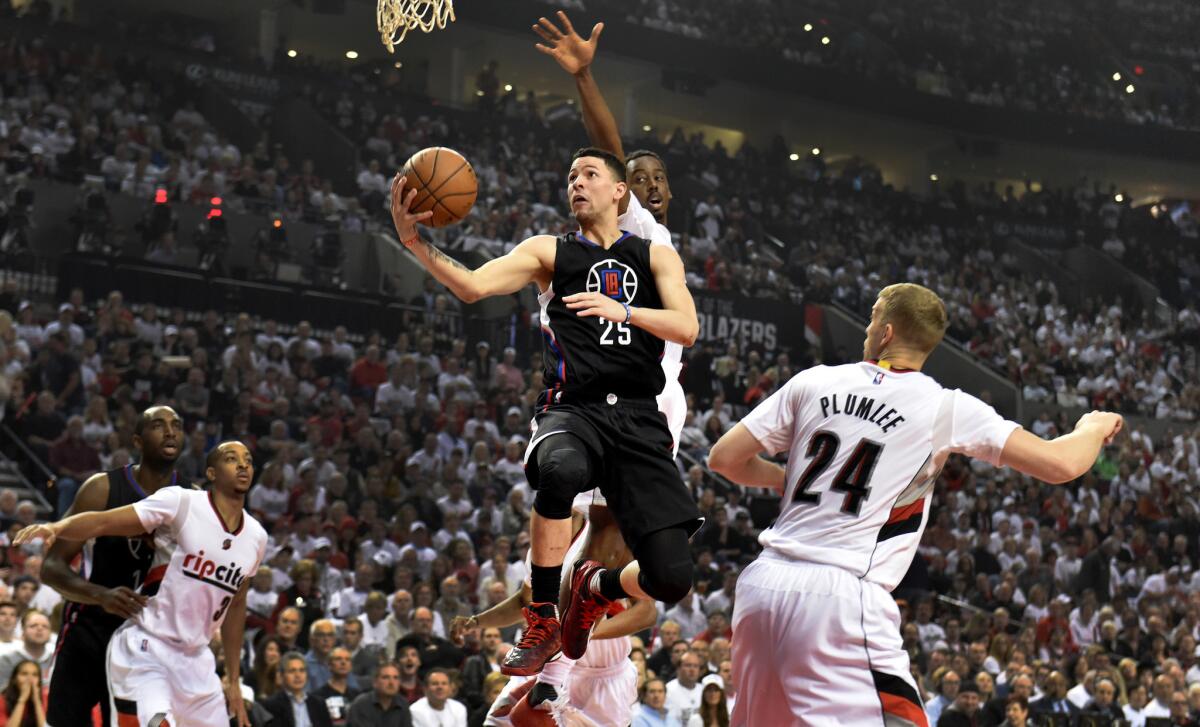 Clippers guard Austin Rivers drives to the basket against the Trail Blazers during the first half of Game 6 of the NBA Western Conference Playoffs on April 29.