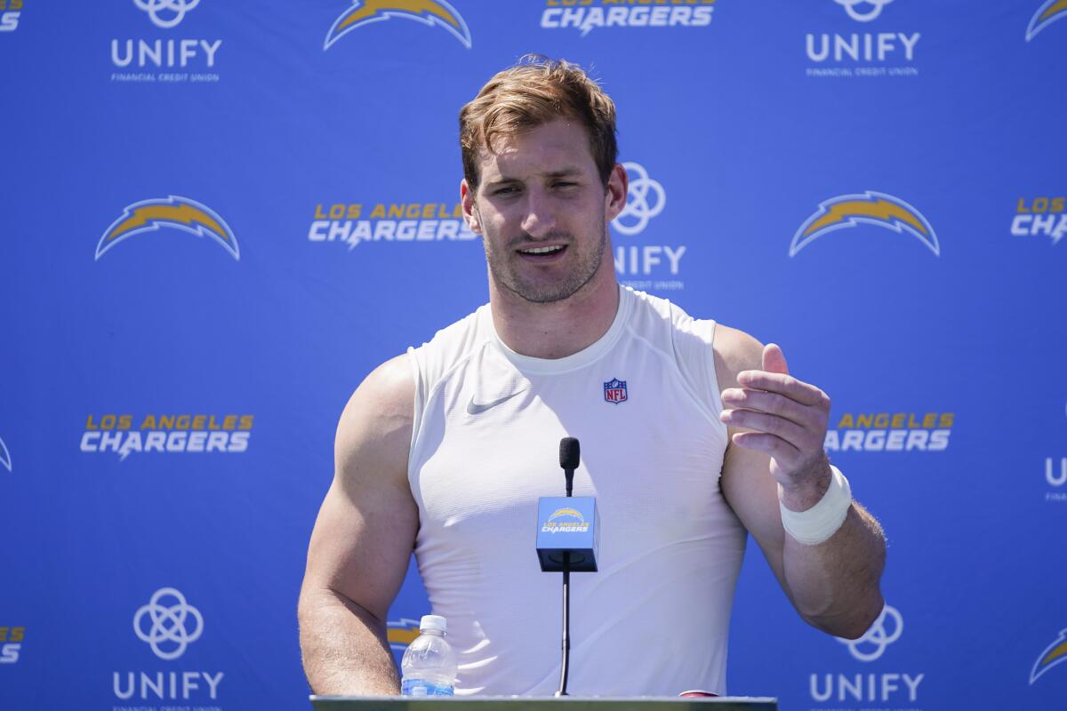 Los Angeles Chargers linebacker Joey Bosa speaks during a press conference.