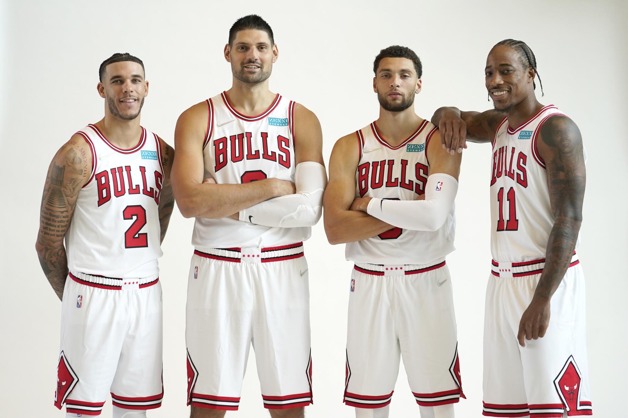 Bulls players, from left, Lonzo Ball, Nikola Vucevic, Zach LaVine and DeMar DeRozan
