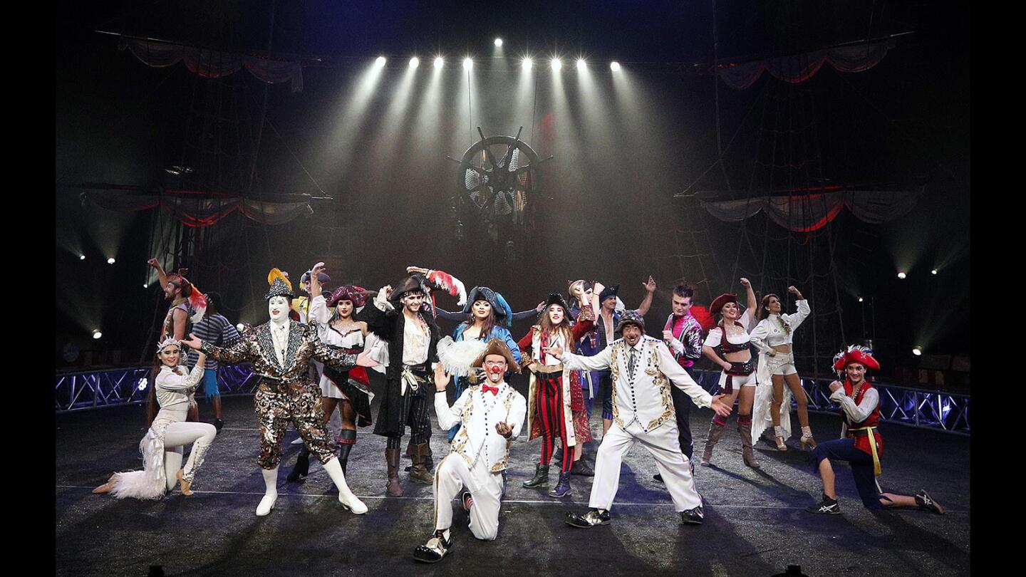 The cast hit a final pose at the close of the show at a Circus Vargas performance called "Dreaming of Pirates" in Burbank off Front Street on Friday, April 27, 2018. The show includes many performers with clowns, acrobats, flying-trapeze artists, jugglers, contortionists, and motorcycle riders.