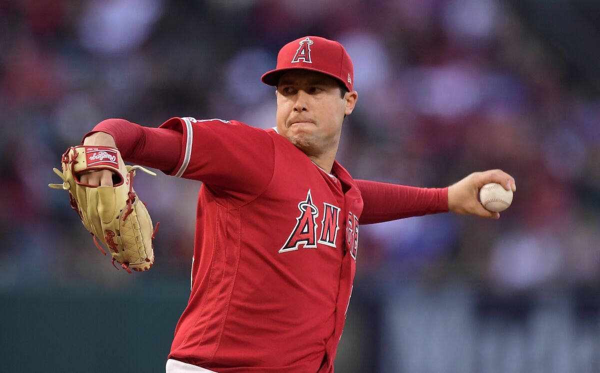 Angels pitcher Tyler Skaggs throws during the first inning against the Texas Rangers in 2019.