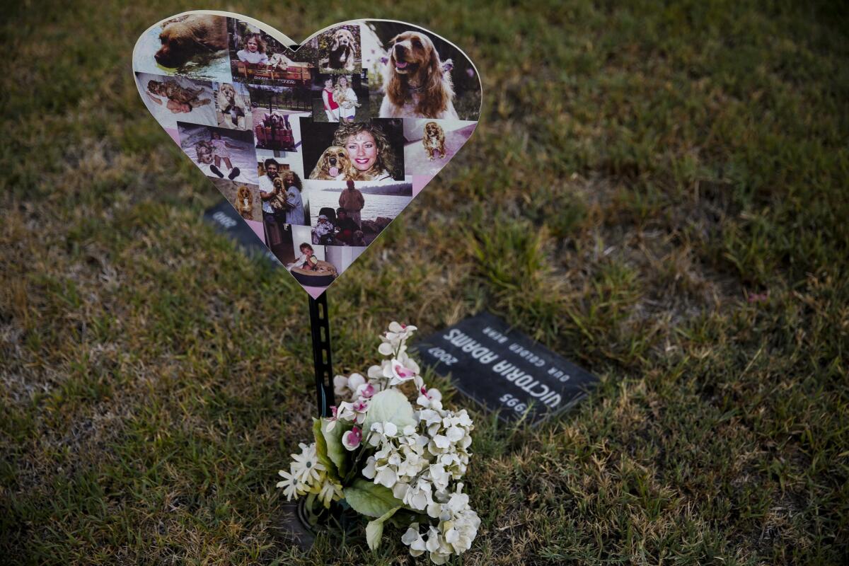 Photos and flowers adorn a gravesite at the pet cemetery. It has a crematory, some offices and a shop selling urns, headstones and coffins.