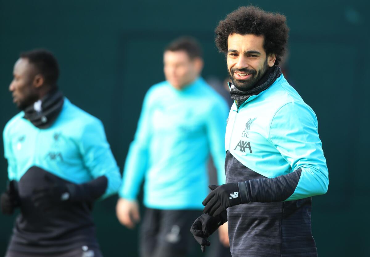 Liverpool's Egyptian midfielder Mohamed Salah attends a training session at Melwood in Liverpool, north west England on February 17, 2020, on the eve of their UEFA Champions League round of 16 first leg football match against Atletico Madrid. (Photo by Lindsey Parnaby / AFP) (Photo by LINDSEY PARNABY/AFP via Getty Images) ** OUTS - ELSENT, FPG, CM - OUTS * NM, PH, VA if sourced by CT, LA or MoD **