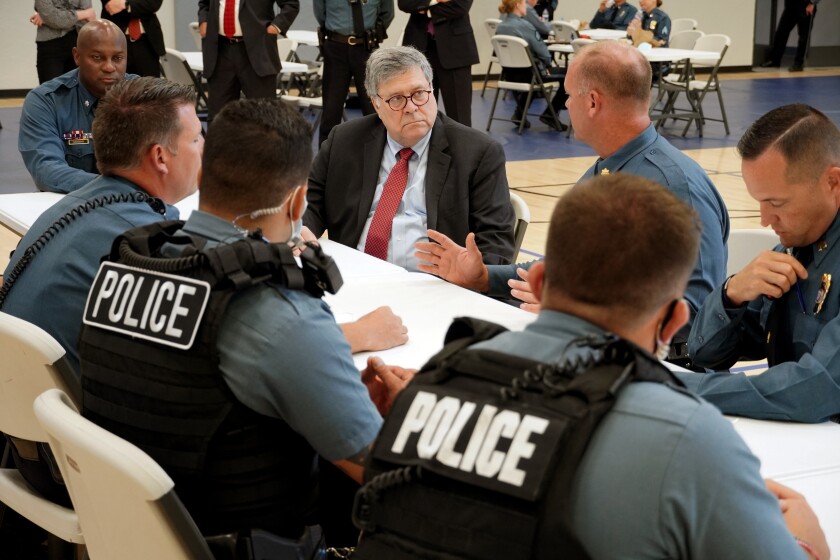 Atty. Gen. William Barr meets with police in Kansas City, Mo., in August 