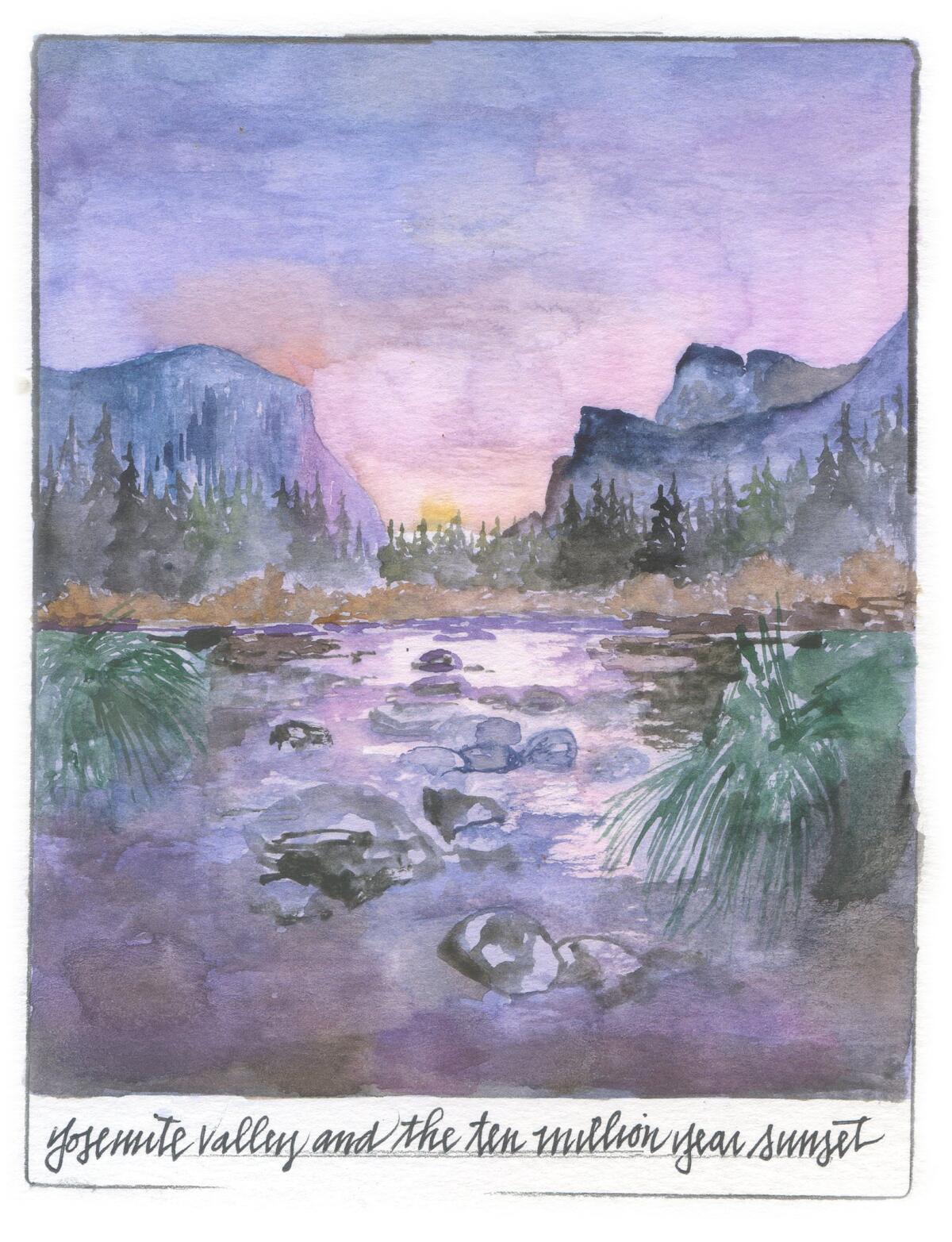 An illustration of Yosemite Valley at sunset from Obi Kaufmann's "The Forests of California."