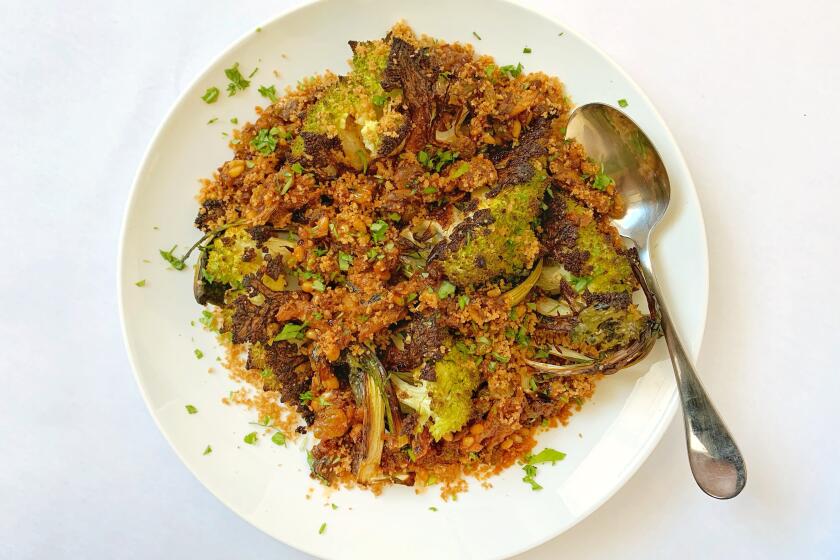 Romanesco Con Le Sarde and is romanesco wedges, roasted until charred then topped with a Sicilian sauce of pine nuts, golden raisins, saffron, tomato paste and sardines.