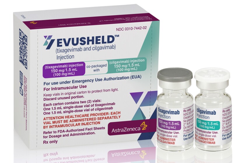 This image provided by AstraZeneca in December 2021 shows packaging and vials for the company's Evusheld medication. On Wednesday, Dec. 8, 2021, U.S. health officials authorized the new COVID-19 antibody drug for people with serious health problems or allergies who can’t get adequate protection from vaccination. (AstraZeneca via AP)