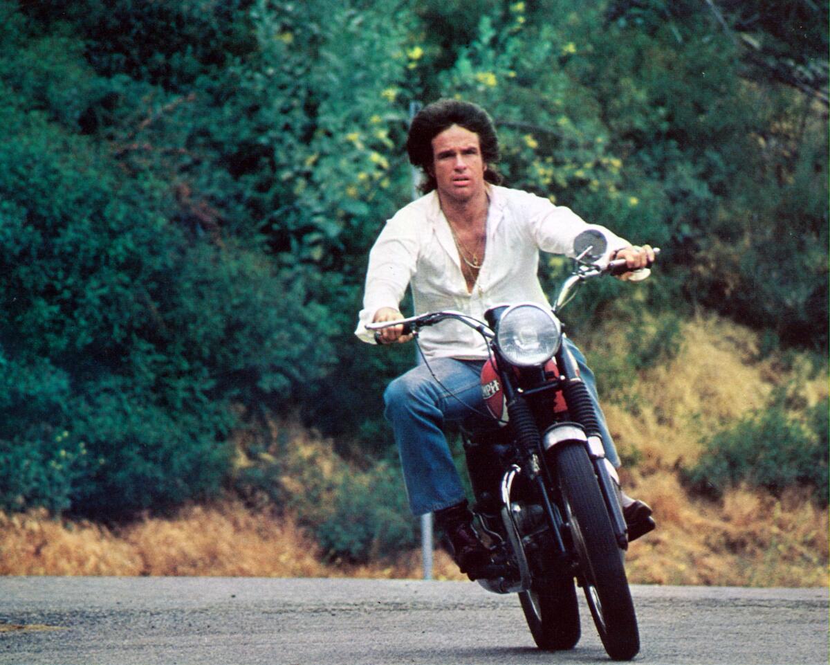 Warren Beatty looking cool on a motorcycle in "Shampoo."
