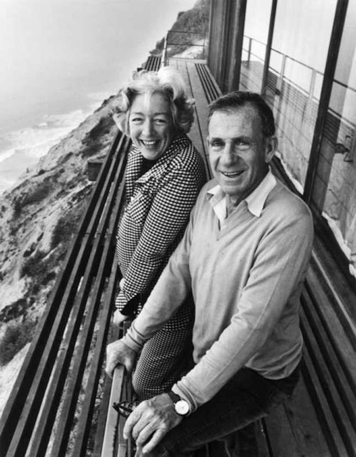 Walter Munk with his late first wife, architect Judith Munk, on the balcony of Institute of Geophysics and Planetary Physics, which they helped create. (1964)