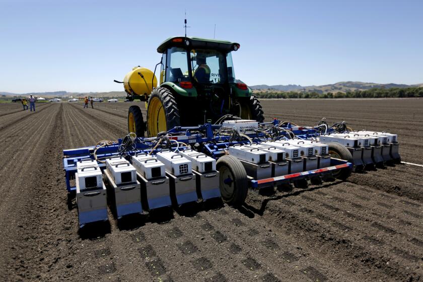 A See and Spray machine, manufactured by Blue River Technology, uses cameras, computers and precision sprayers to thin a lettuce field in Gilroy, Calif., on May 22, 2017. Growers there are turning to technology as they run short of farm workers.