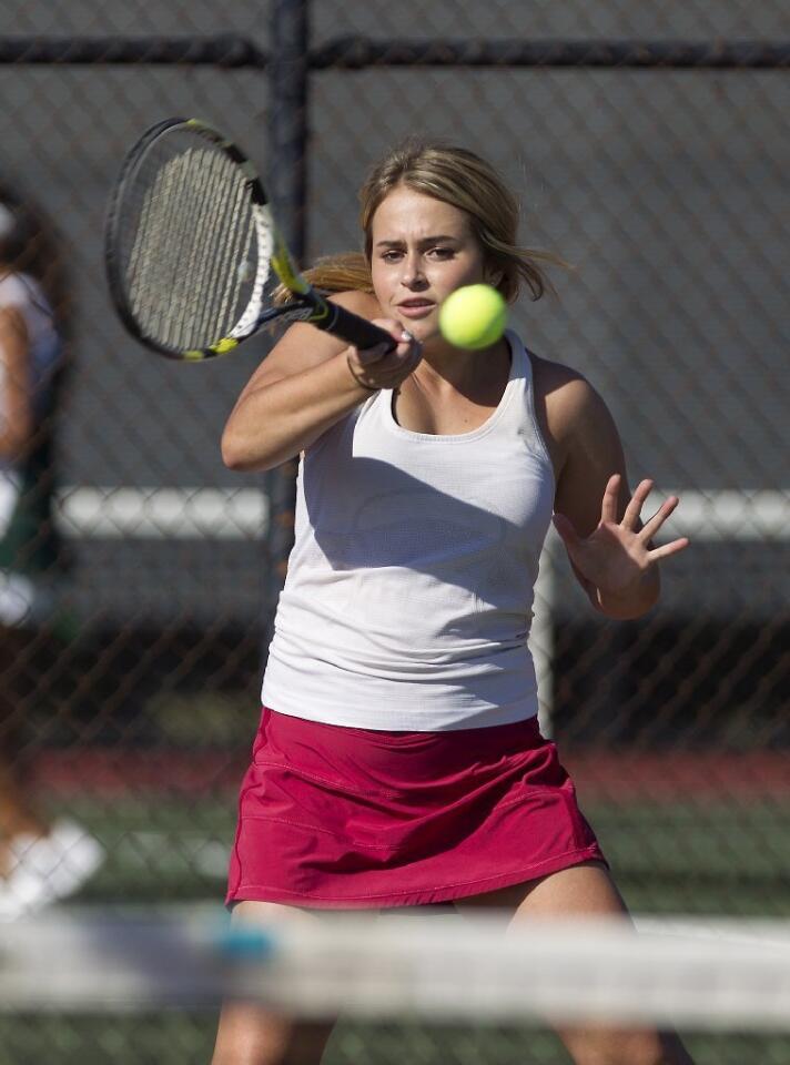 Estancia High's Kinley Ohland swept at No. 1 singles, 6-0, 6-0, 6-0 against Costa Mesa in an Orange Coast League girls' tennis match on Tuesday.