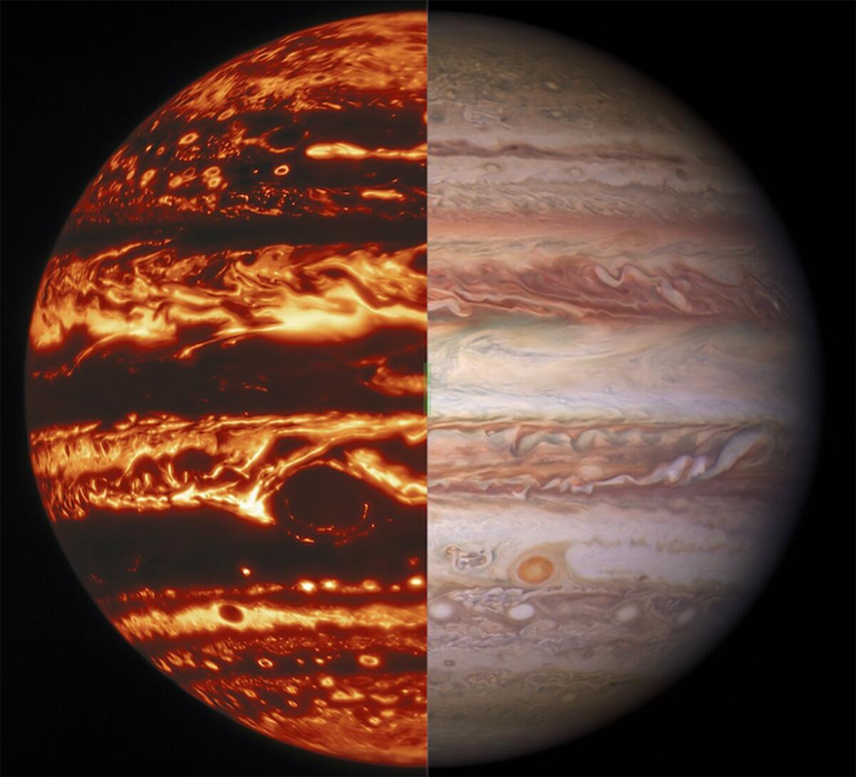 Esta combinación de imágenes proporcionada por la NASA el jueves 28 de octubre de 2021 muestra a Júpiter 