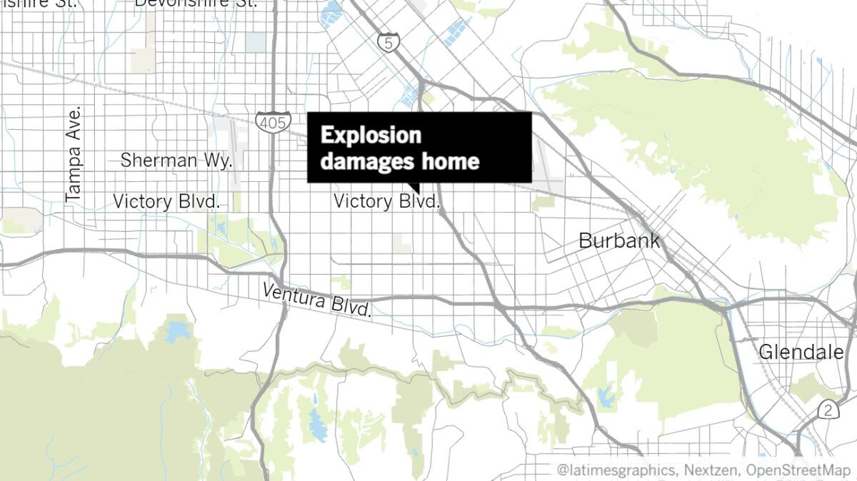A North Hollywood map with a location pointer to "Explosion damages home."