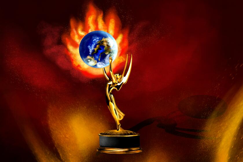 Illustration of Emmys statuette holding up Planet Earth on fire.