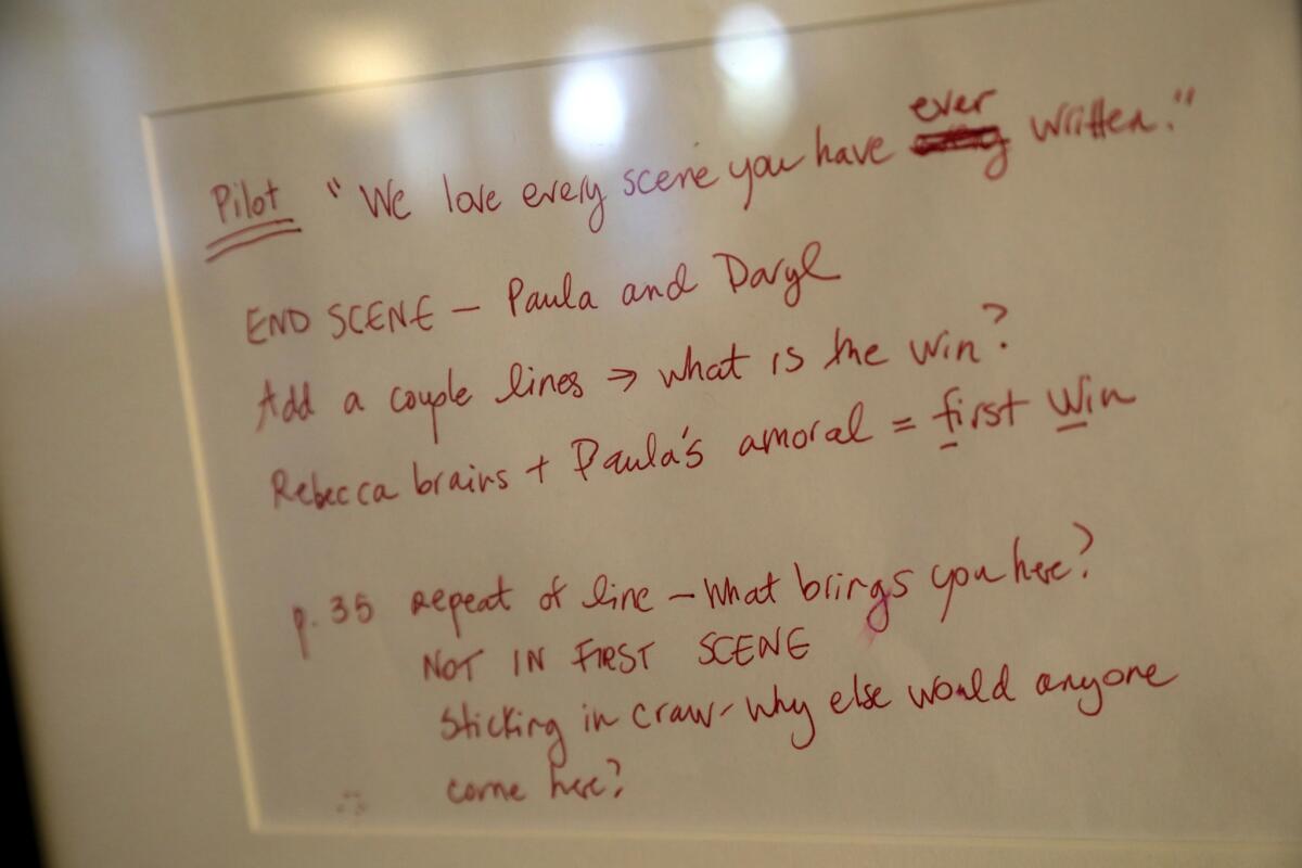 L.A. portion of the pilot episode written in longhand by Aline Brosh McKenna, the showrunner of the CW's musical dramedy, "Crazy Ex-Girlfriend," hangs framed in her office in Los Angeles on March 12, 2019. Crazy Ex-Girlfriend finishes it's fourth and final season in April.