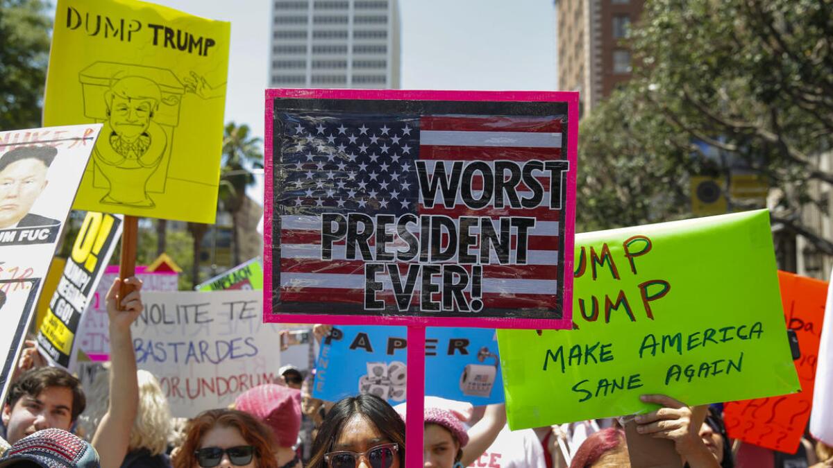Demonstrators calling for President Trump's impeachment gather in downtown L.A.