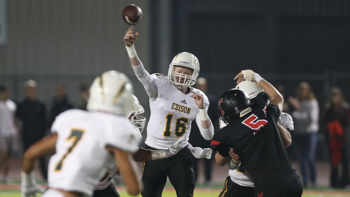 Edison High quarterback Griffin O'Connor (16) earned the Sunset League MVP award for the second straight football season, while wide receiver David Atencio (7) shared the Offensive Player of the Year award.
