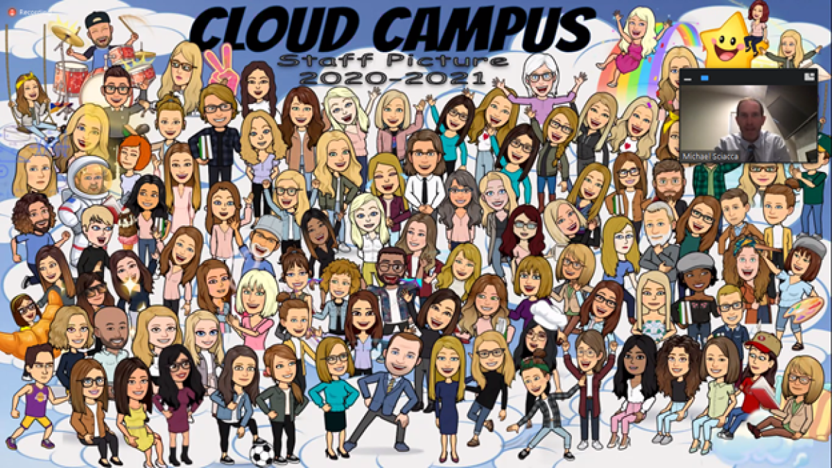 Mike Sciacca, principal of Newport-Mesa Unified's virtual Cloud Campus, displays a Bitmoji staff photo.