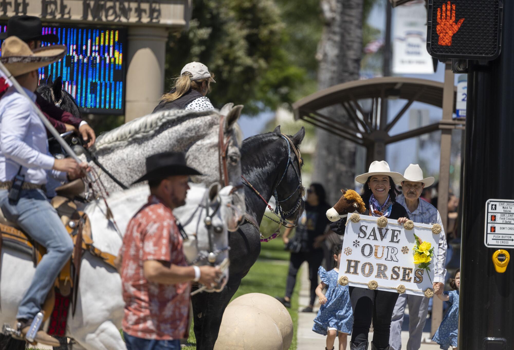 People gather with horses and a sign saying Save Our Horses.