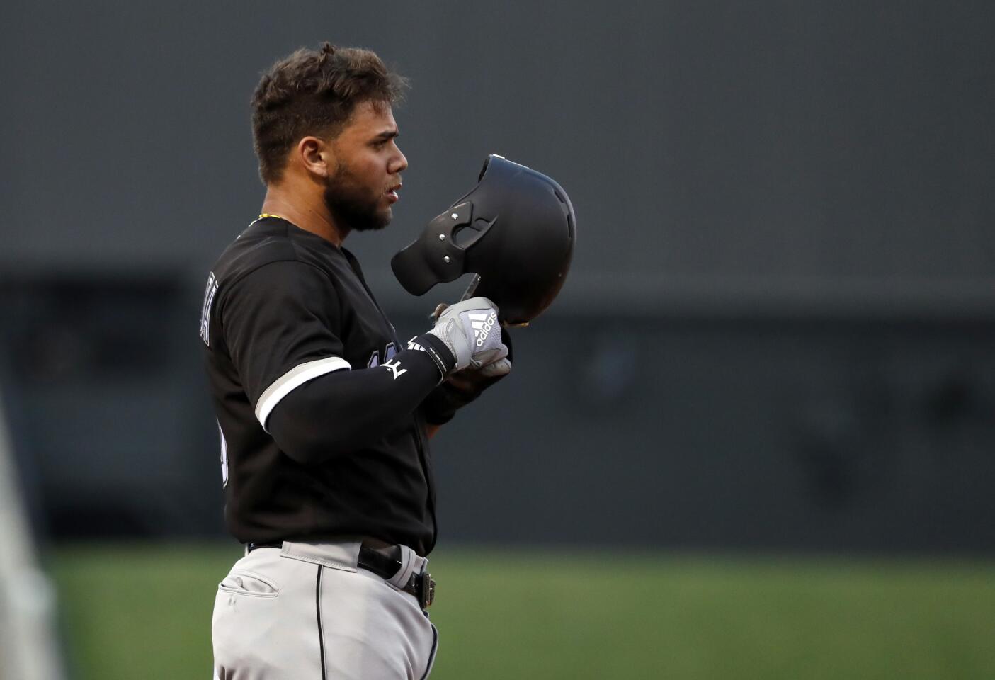 The White Sox's Yoan Moncada stands on third base during the first inning against the Cardinals, Tuesday, May 1, 2018, in St. Louis.
