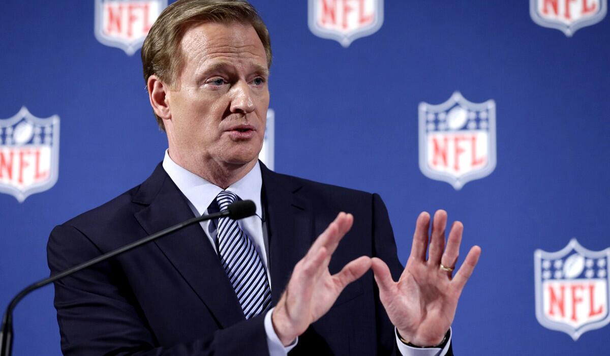 NFL Commissioner Roger Goodell fields a question from a reporter during his 45-minute news conference on Friday in New York.