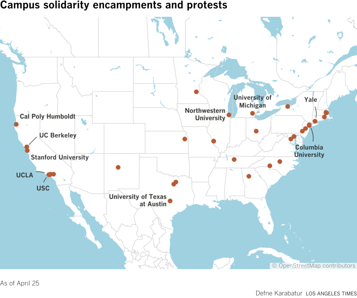 Map of the approximately 40 campuses across the United States where solidarity encampments and protests have taken place, as of April 25.