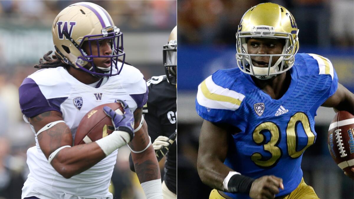 Washington's Shaq Thompson, left, and UCLA's Myles Jack have been standouts on offense and defense for their respective teams this season.