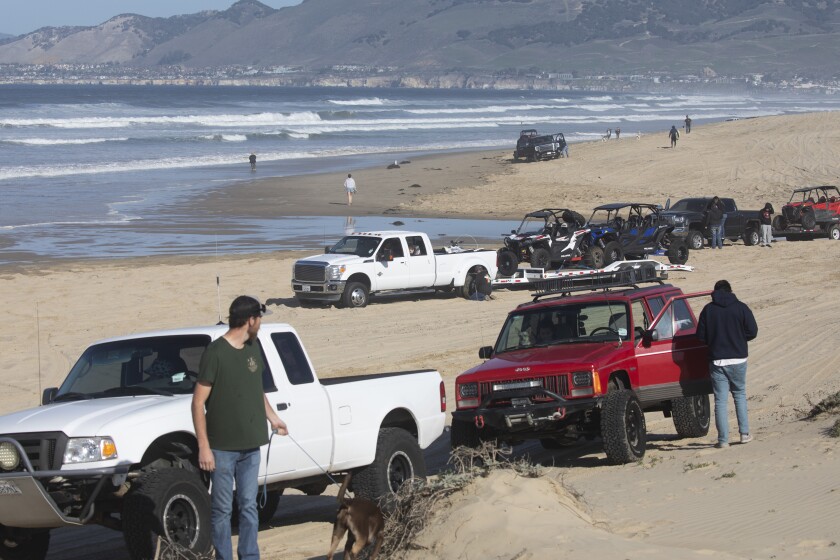 Vehicles are parked on a sandy beach