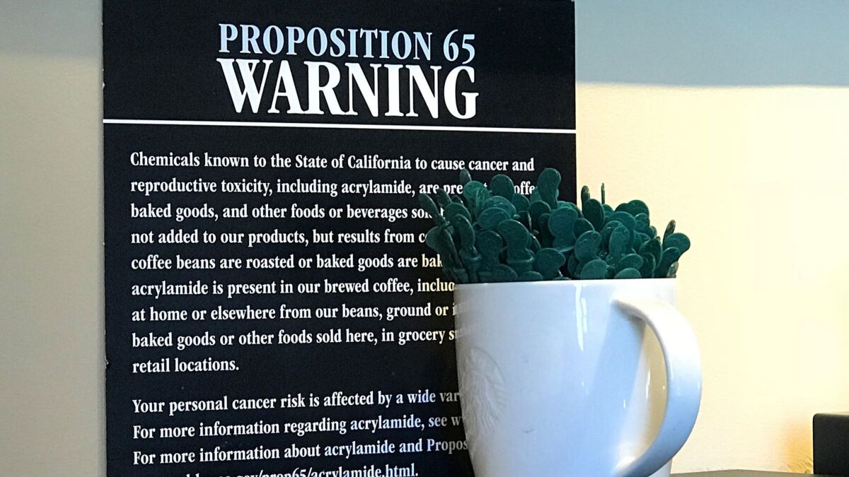 A posted Proposition 65 warning sign at a Starbucks coffee shop in Burbank, on March 30.