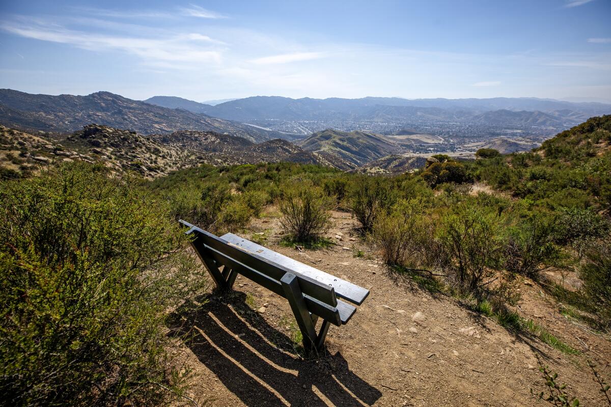 A bench overlooks an area of Santa Susana Pass