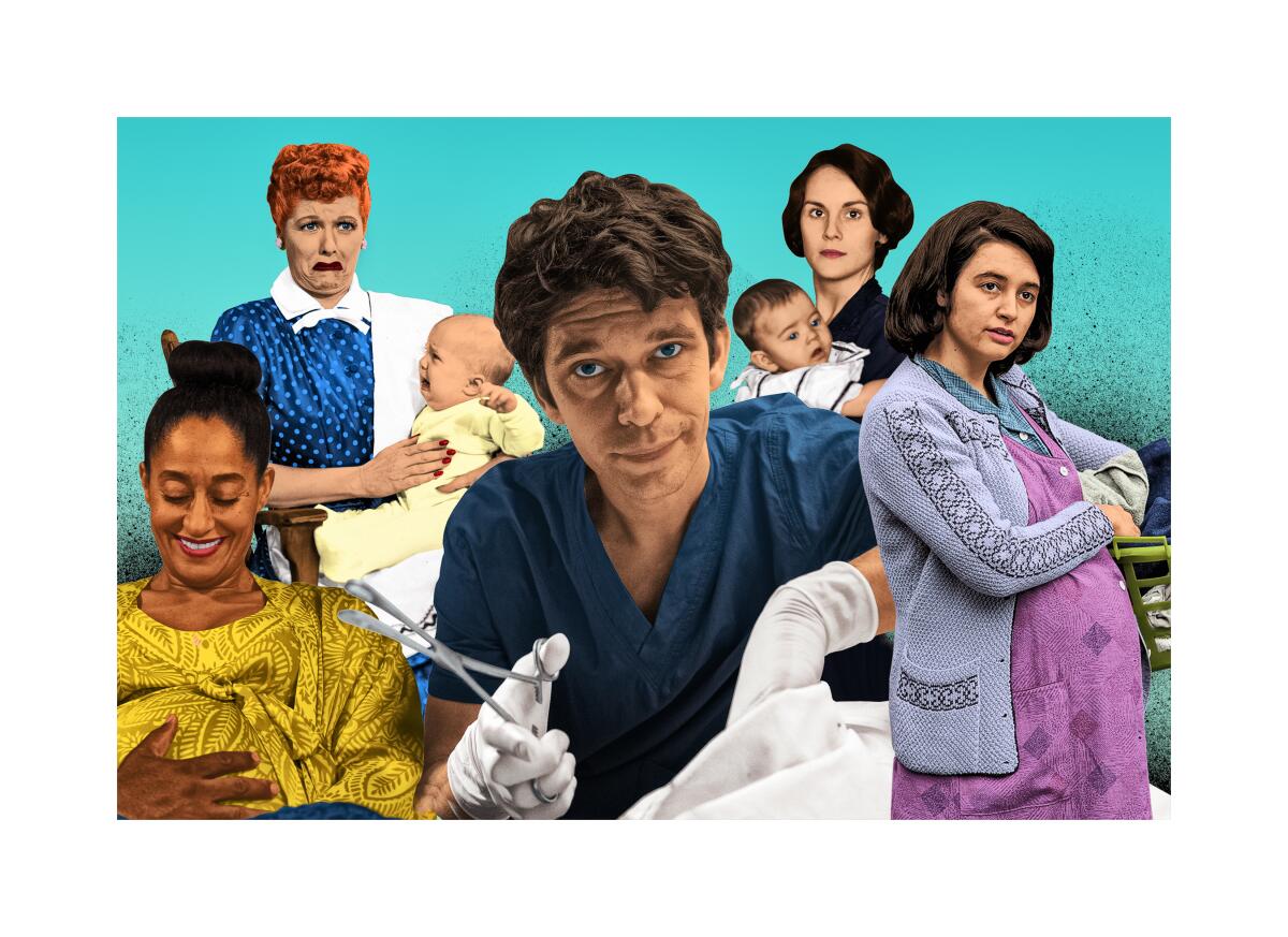 Photo illustration of "black-ish," "I Love Lucy," "This Is Going to Hurt," "Downton Abbey," and "Call the Midwife."