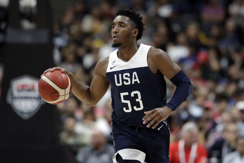 United States' Donovan Mitchell during the second half of an exhibition basketball game Against Spain Friday, Aug. 16, 2019, in Anaheim, Calif. (AP Photo/Marcio Jose Sanchez)