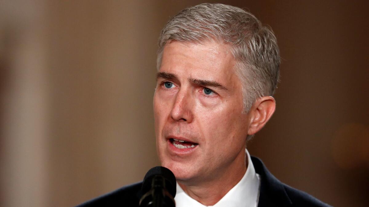 Judge Neil Gorsuch speaks in the East Room of the White House in Washington on Jan. 31.