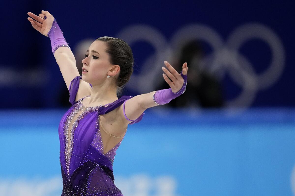 Kamila Valieva competes in the women's short program at the 2022 Beijing Winter Olympics.