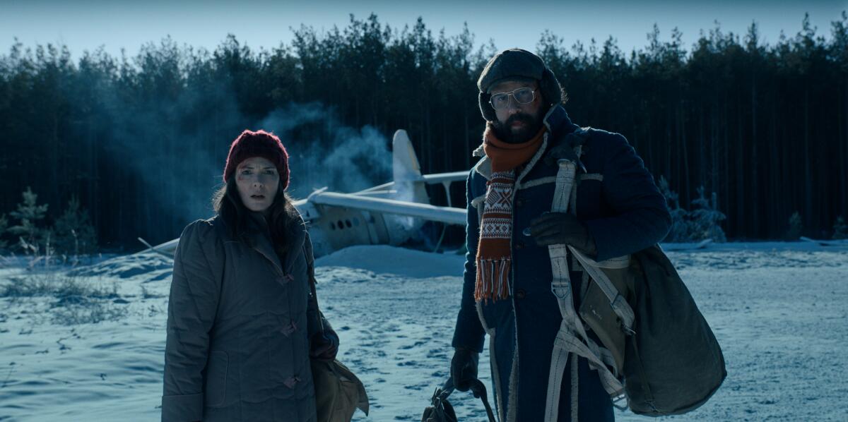 A woman and a man standing in a snowy field with a downed plane in the background