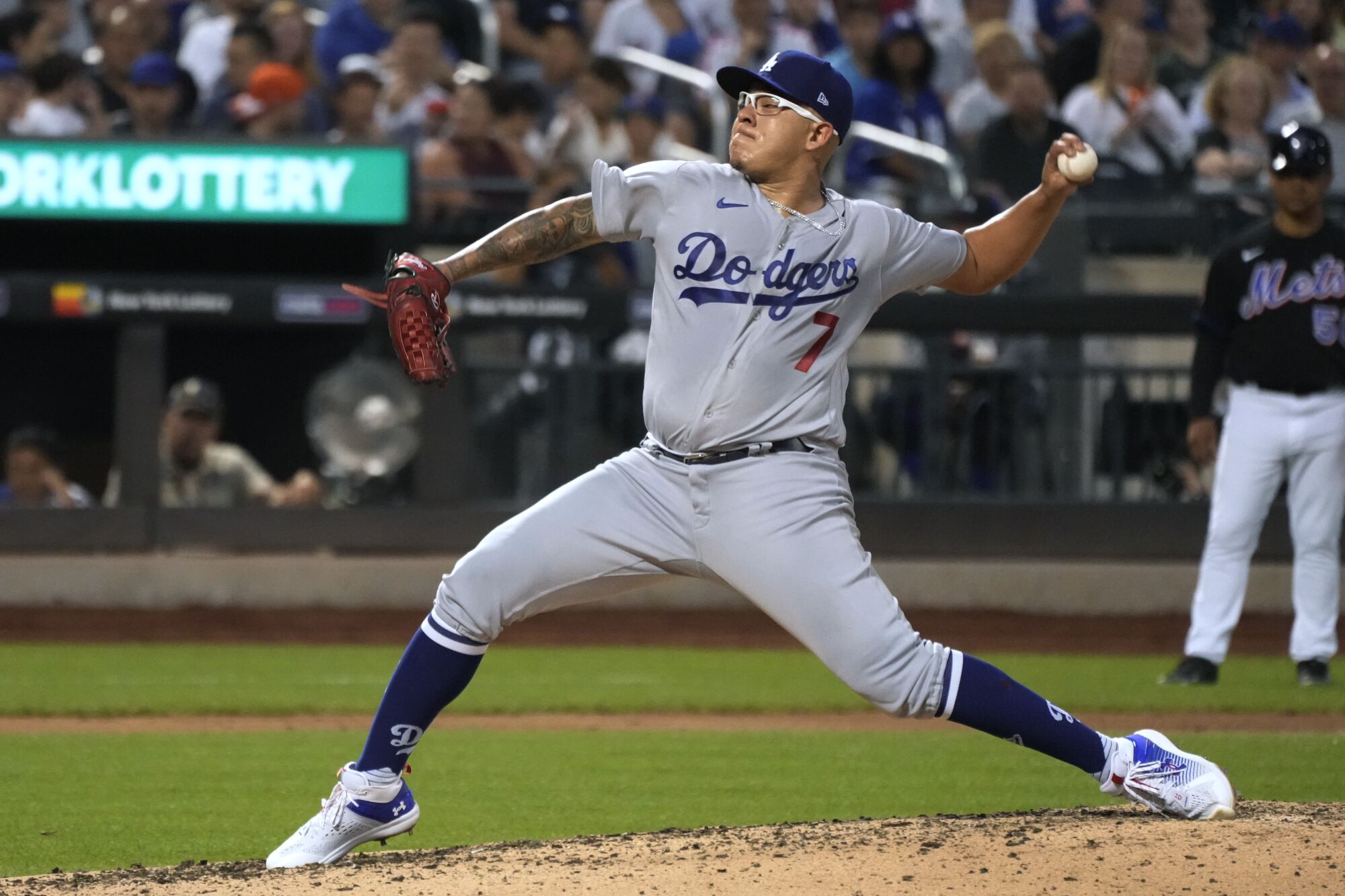 Los Angeles Dodgers pitcher Julio Urías delivers against the New York Mets on July 14, 2023, in New York.