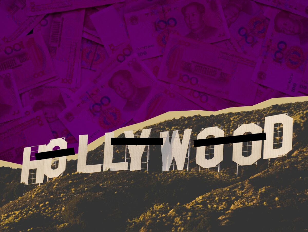 collage of 100 yuan banknotes behind the Hollywood sign with censorship bars